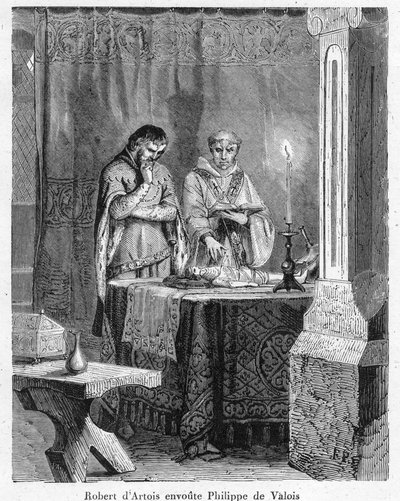 Brujería y magia negra: “El Señor Roberto III de Artois (1287-1342) encantando a Juan de Valois (Juan II, conocido como Juan el Bueno), hijo del Rey Felipe VI, en una muñeca de cera a su imagen (vudú) de Anonymous Anonymous
