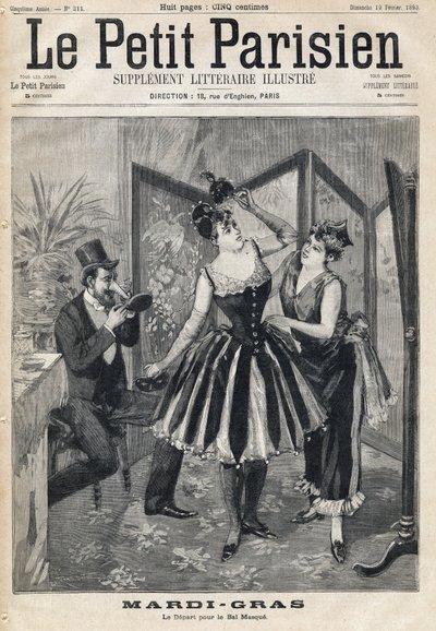 Mujeres preparando su disfraz detrás de una pantalla y un hombre probando su máscara en forma de trompa de elefante para el Baile de Máscaras de Mardi Gras. En "Le Petit Parisien" el 19/02/1893. de Anonymous Anonymous