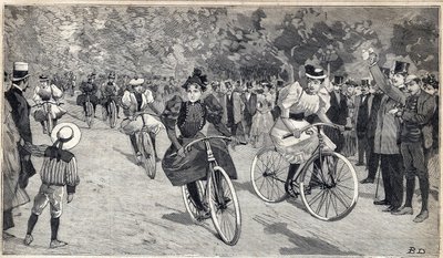 Carrera de mujeres velocipedistas en el Bois de Boulogne cerca de París. Grabado en "Le Petit Parisien" el 25/06/1893. de Anonymous Anonymous