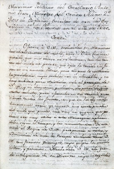 Política escrita por Antonio Pérez (1540-1611). Secretario de política española del Rey Felipe II de España. Ecuador, Quito. Biblioteca Política de Ecuador de Aurelio Espinosa de Anonymous Anonymous