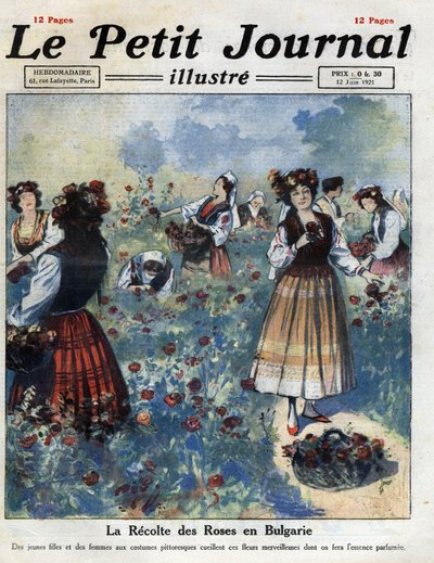 Jóvenes mujeres en traje tradicional búlgaro recogen rosas para la fabricación de agua de rosas. Ilustración tomada de “Le petit journal” del 12/06/1921. Colección privada de Anonymous Anonymous