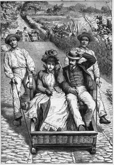 carros de cesto en Madeira 1893 - Les corinhos (carrieros) en Madeira - hombres guiando un asiento de dos plazas sobre ruedas (un corinho). grabado en “Journal des voyages” 1893 de Anonymous Anonymous