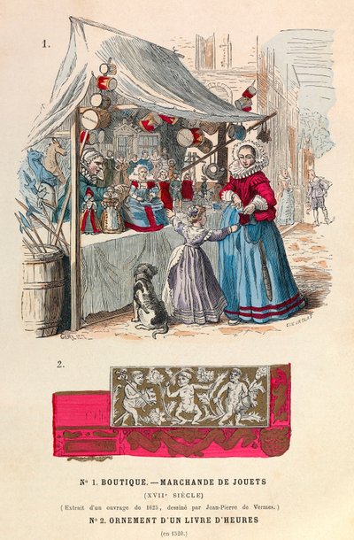 Una tienda de juguetes en el siglo XVII / un ornamento de un libro de horas en el siglo XVI de Anonymous Anonymous