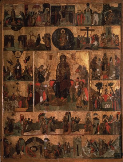 La glorificación de la Virgen Himno Akathist a la Santísima Theotokos, siglo XIV de Anonymous Russian icon painter