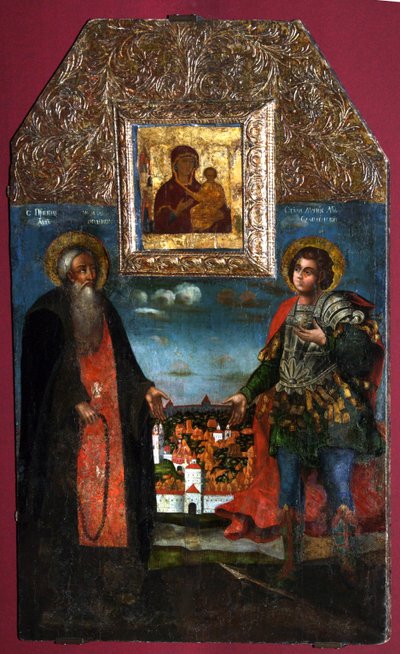 La Virgen Hodegetria de Smolensk con los Santos Abraham de Smolensk y Mercurio de Smolensk, 1722 de Anonymous Russian icon painter