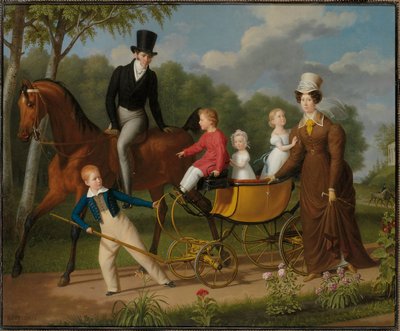 Retrato de un caballero, se dice que es el arquitecto ruso Voronikhin en los terrenos del Palacio de Pavlovsk, con su esposa e hijos de Anthelme Francois Lagrenee