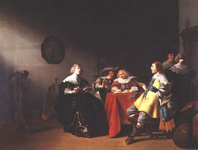 Un interior con figuras elegantes leyendo de Anthonie  Palamedesz