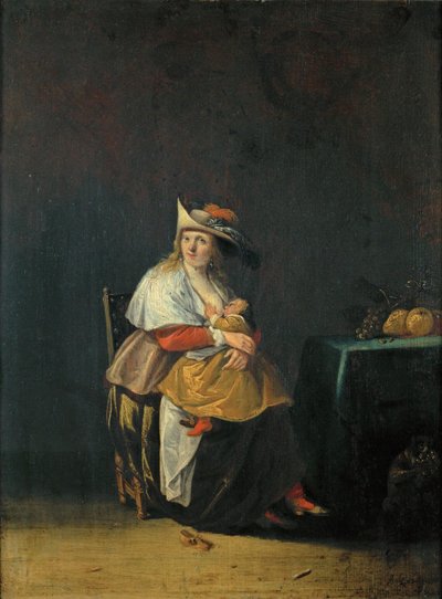 Los cinco sentidos: el gusto, una mujer amamantando a su hijo ... de Anthonie (1601-73) Palamedesz