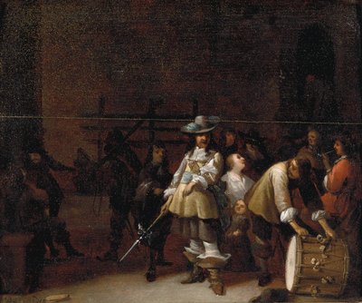 Interior de una sala de guardia con un caballero conversando con un tamborilero de Anthonie Palamedesz