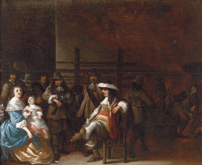 Interior de una sala de guardia con un caballero conversando con una madre y un niño de Anthonie Palamedesz