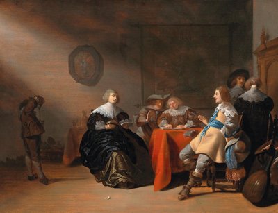 Un interior con una compañía conversando en una mesa de Anthonie Palamedesz.