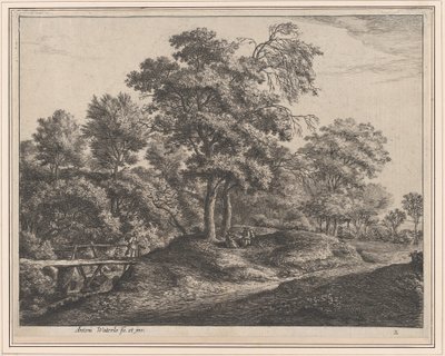 Una campesina y su hija en un pequeño puente de madera, siglo XVII de Anthonie Waterloo