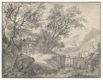 Paisaje de montaña con árboles y un puente sobre un arroyo de Anthonie Waterloo