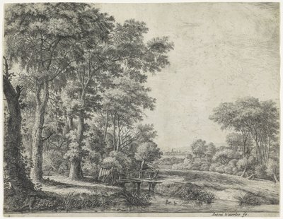 Borde del bosque con un puente de madera Grandes paisajes, serie A (título de la serie) de Anthonie Waterloo