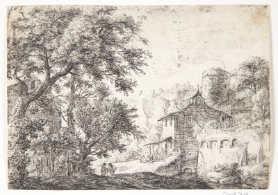Muralla de la ciudad con una posada de Anthonie Waterloo