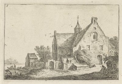 Iglesia del pueblo sobre el agua Paisajes con edificios (título de la serie) de Anthonie Waterloo