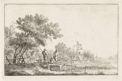 Tres pescadores en un puente Paisajes con edificios (título de la serie) de Anthonie Waterloo