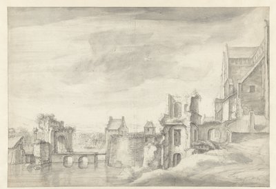 Vista de las ruinas en la orilla de un río (¿St. Walburgkerk en Arnhem?) de Anthonie Waterloo