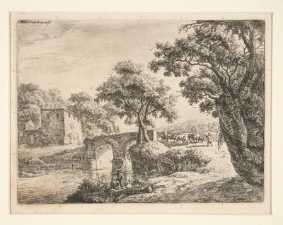 Manada cerca de un puente de piedra de Anthonie Waterloo