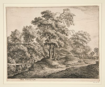 La campesina y la niña en el puentecito de madera de Anthonie Waterloo