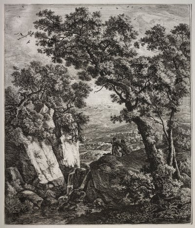 Seis grandes paisajes verticales con escenas del Antiguo Testamento: Tobías y el ángel de Anthonie Waterloo
