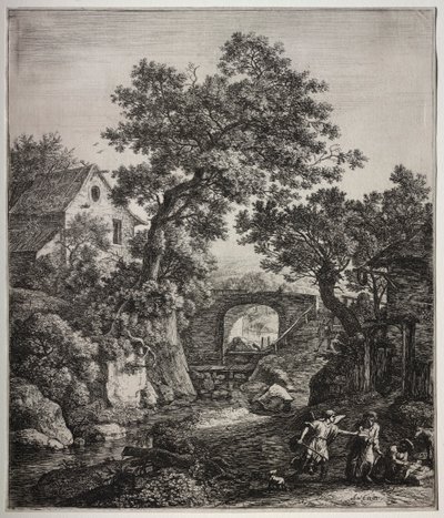 Seis grandes paisajes verticales con escenas del Antiguo Testamento: Séfora Circuncidando a su Hijo de Anthonie Waterloo