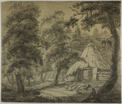 Cabaña de Paja en el Bosque con Pastor y Ovejas de Anthonie Waterloo
