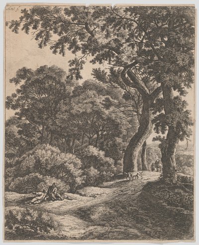 Dos viajeros descansando en el bosque de Anthonie Waterloo