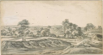 Pueblo disperso bajo árboles, a la derecha la iglesia, lejanía con campos ondulados de Anthonie Waterloo