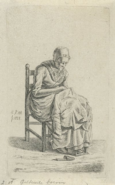 Mujer reparadora en una silla Esposa de granjero de Gelderland (título sobre objeto) 12 figuras de estudio (título de la serie) de Anthonie Willem Hendrik Nolthenius de Man