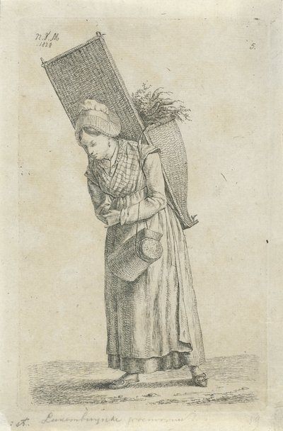 Mujer de Luxemburgo con una cesta en la espalda Mujer verde de Luxemburgo (título sobre objeto) Agricultoras y agricultoras del Reino Unido de los Países Bajos (título de la serie) de Anthonie Willem Hendrik Nolthenius de Man