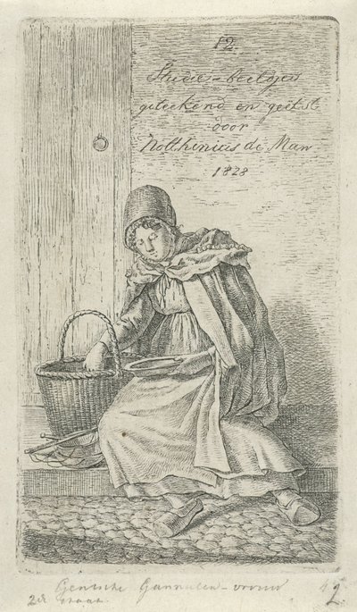 Mujer sentada con cesta y plato Gentsche Shrimp woman (título sobre objeto) 12 figuras de estudio (título de la serie) de Anthonie Willem Hendrik Nolthenius de Man