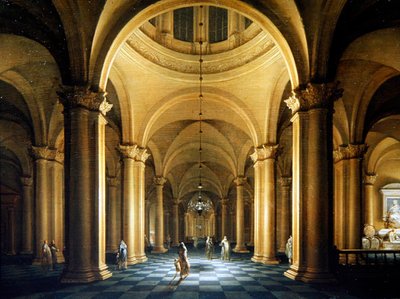 Interior de iglesia nocturna con figuras elegantes de Anthonie de Lorme