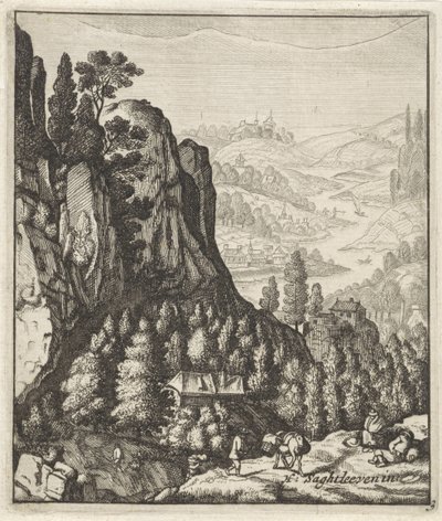 Paisaje de montaña rocosa con granjeros de Anthonie de Winter (attributed to)