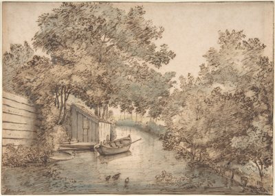 Canal con una barca y patos de Anthonie van Borssom