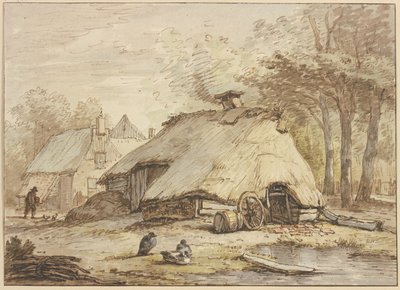 Tres cabañas bajo los árboles, con tres patos sentados en primer plano de Anthonie van Borssom