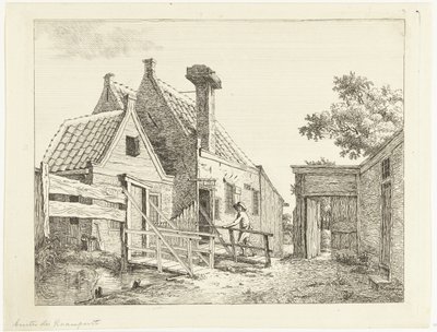 El muchacho camina sobre el puente de madera Fuera de la puerta de la ventana (título sobre el objeto) de Anthonie van den Bos
