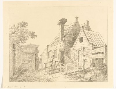 El muchacho camina sobre el puente de madera Fuera de la puerta de la ventana (título sobre el objeto) de Anthonie van den Bos