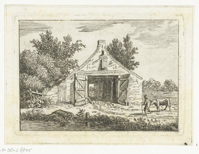 Hombre con vaca frente a un granero en las afueras de Hattem de Anthonie van den Bos