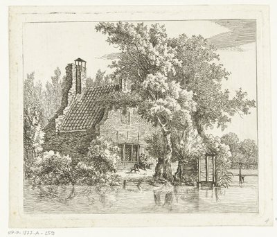 Hombre fumador en un banco frente a las ruinas de la Casa Snaatburg en Maarssen de Anthonie van den Bos