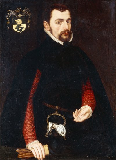 Retrato de un Caballero de 28 Años, tres cuartos de longitud, en un jubón negro con mangas rojas y una capa negra, con una bolsa y un pañuelo bordado con las iniciales 