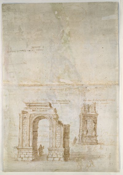 Anverso: Vista panorámica de Tarragona desde el sur (hacia el mar)Verso: Bocetos de las ruinas romanas de Tarragona y de una fortaleza de Anthonis van den Wyngaerde