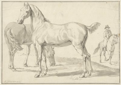 Dos caballos en un prado, un jinete a la derecha de Anthony Jacobus Offermans