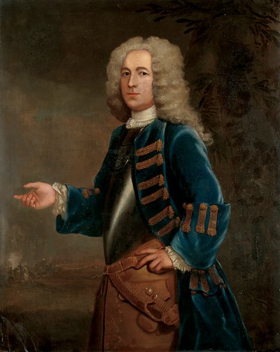 Retrato de Henry Boyle, Capitán de Caballos, en un paisaje, con una batalla al fondo de Anthony Lee