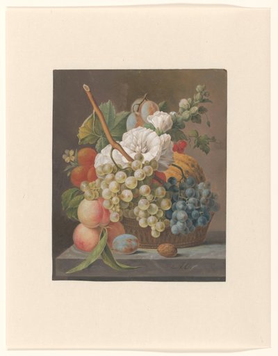 Naturaleza muerta con flores y frutas en una cesta de Anthony Oberman