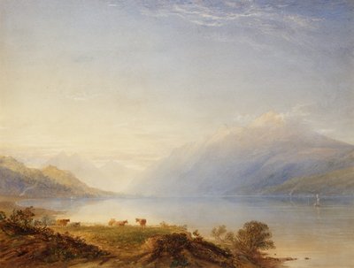 Ganado junto a un lago con montañas más allá (acuarela) de Anthony Vandyke Copley Fielding