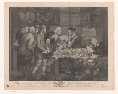 Grupo de granjeros visitando a un abogado El abogado del país y sus clientes (título sobre objeto) de Anthony Walker