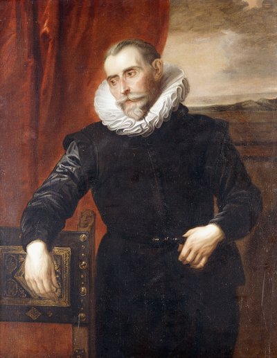 Retrato de Frans Snyders, medio cuerpo, con traje negro, apoyado en una silla, un paisaje al fondo de Anthony van Dyck