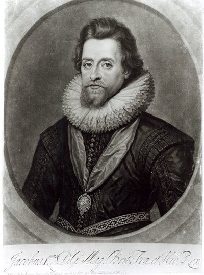 Retrato de Jacobo I (1566-1625) después de una miniatura de Nicholas Hilliard (1547-1619) de 1617, grabado por George Vertue (1684-1756) de Anthony van Dyck