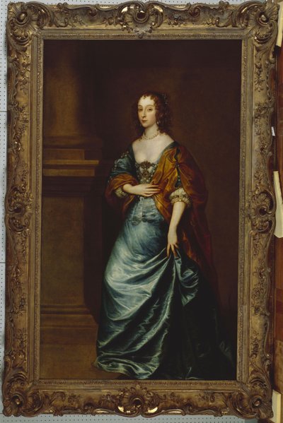 Retrato de Mary Villiers, Duquesa de Lennox y Richmond, con un Vestido Azul y un Chal Marrón junto a una Columna de Anthony van Dyck